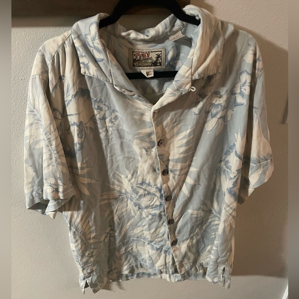 Tiki Classics Hawaiian silk men's button shirt short sleeve size Large